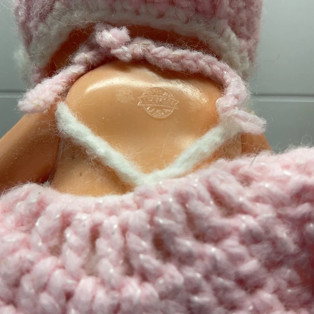Vintage Irwin USA 6 Inch Hard Plastic Baby Doll Pink Crochet Outfit Side Glance